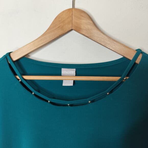 Chico's Stretch Tunic Beaded Neckline Hi Low Hem - Picture 6 of 8